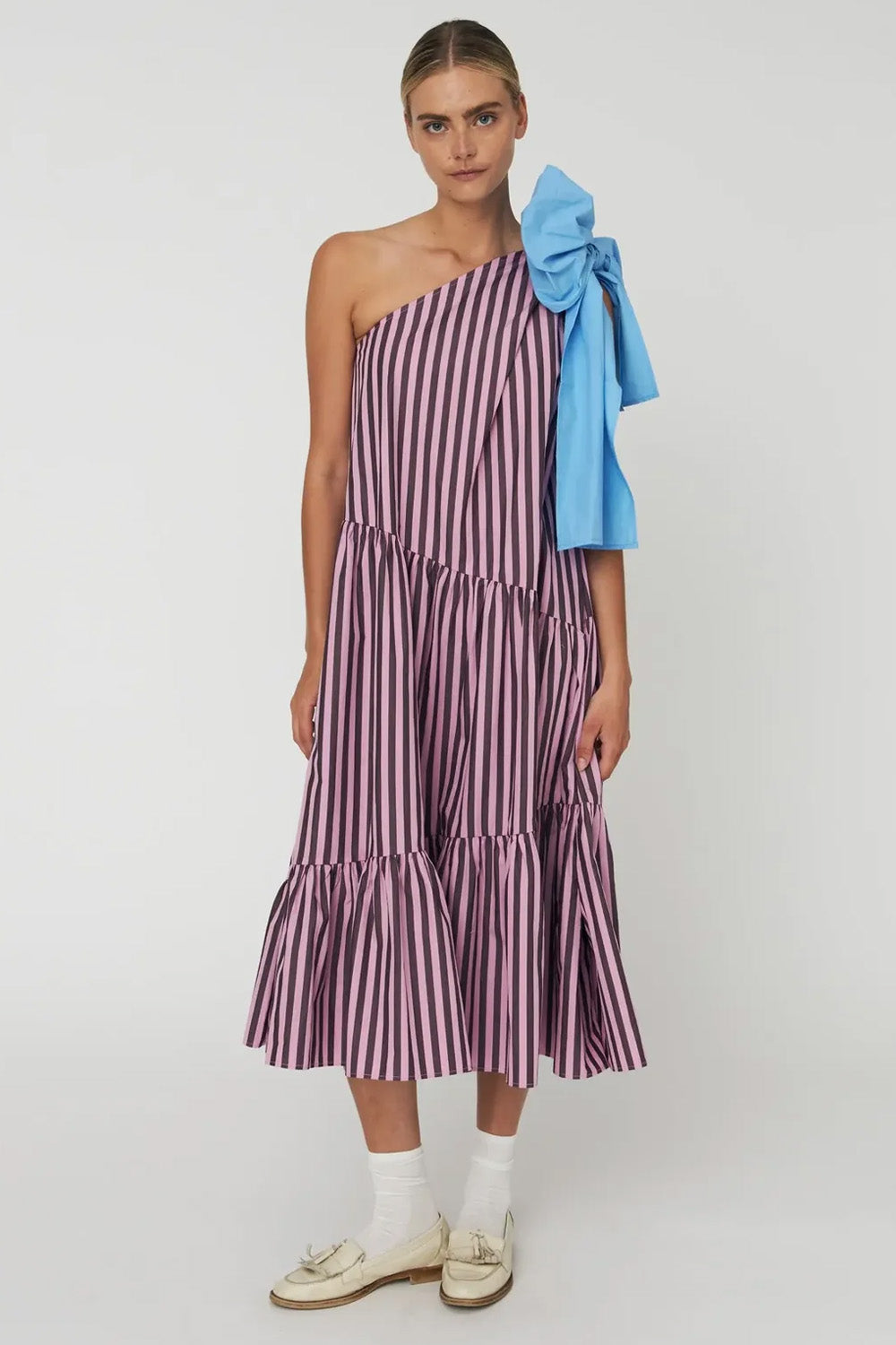 STRIPED BOW MIDI DRESS – Wood & Rose